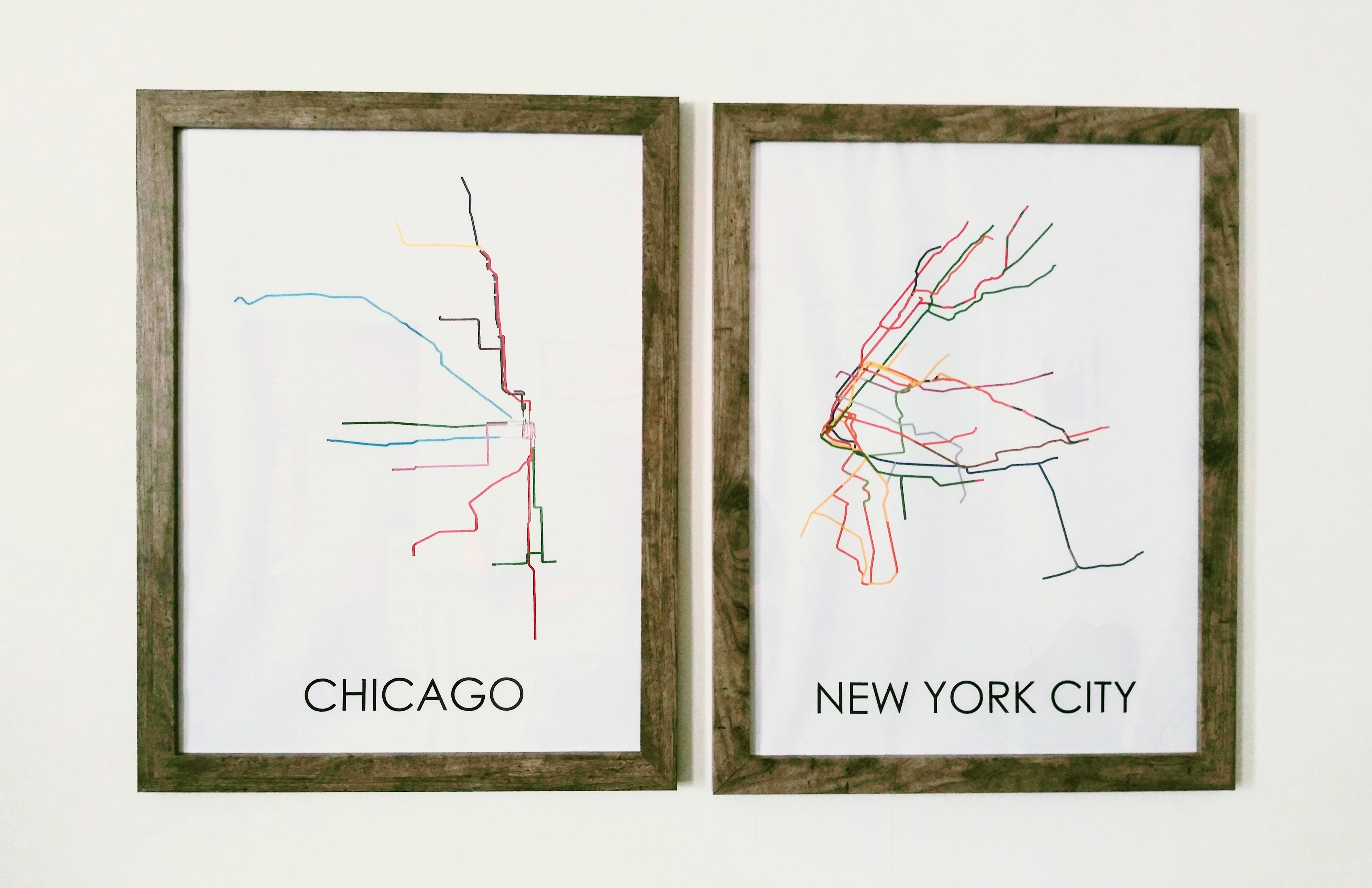 Finished product of Chicago and NYC transit map posters
